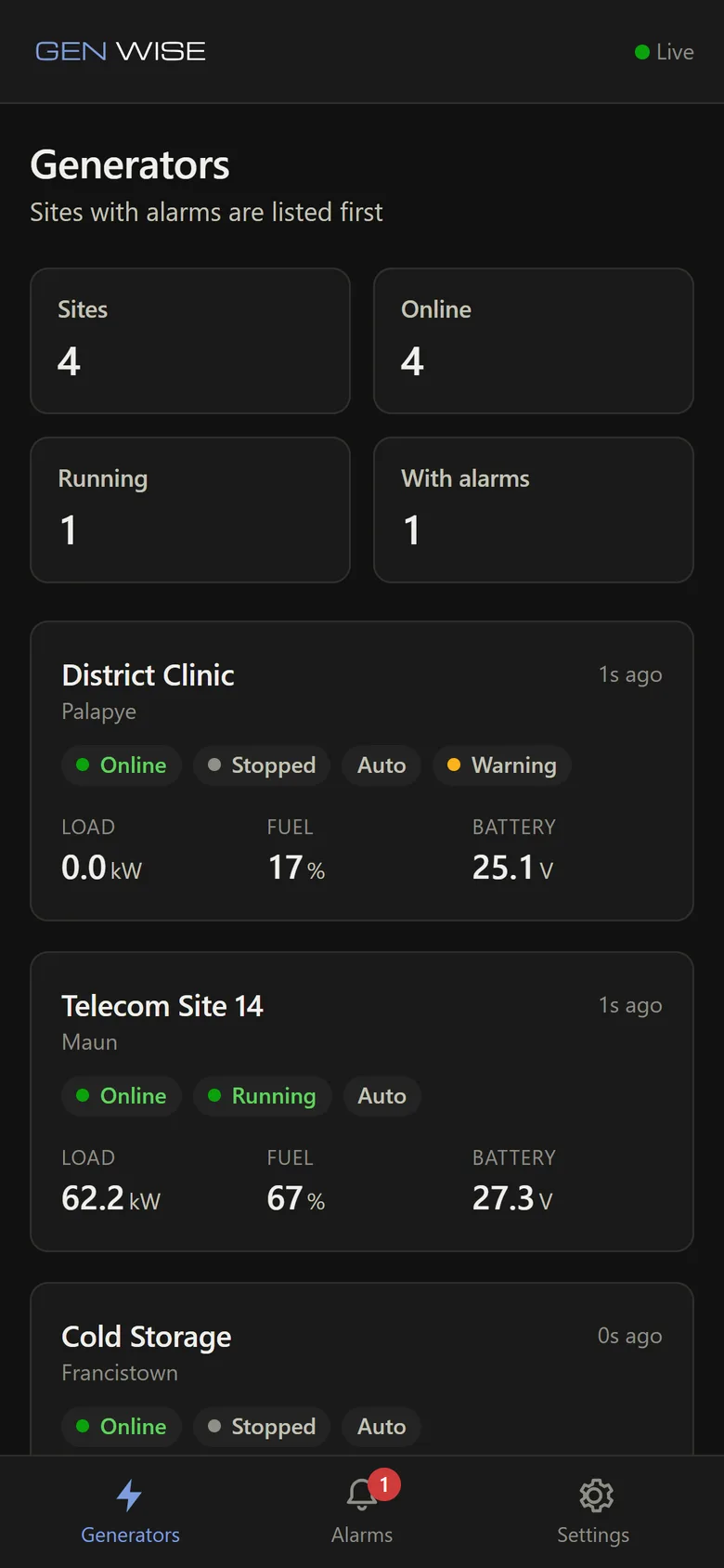 GenWise on a phone: fleet overview